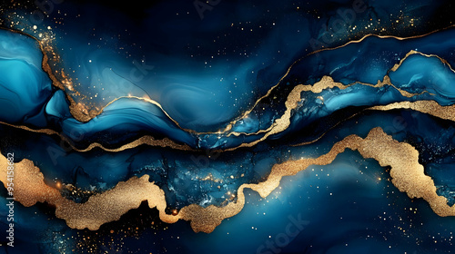 Abstract blue and gold marbled background with glitter. photo