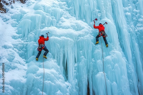 Pair of ice climbers in red jackets ascending a massive frozen wall, showcasing extreme winter sports, adventure, and endurance in icy conditions. photo