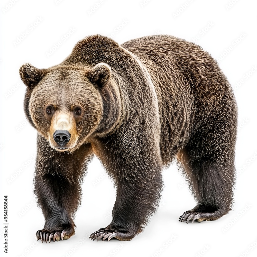 Obraz premium A large brown bear stands on a white background