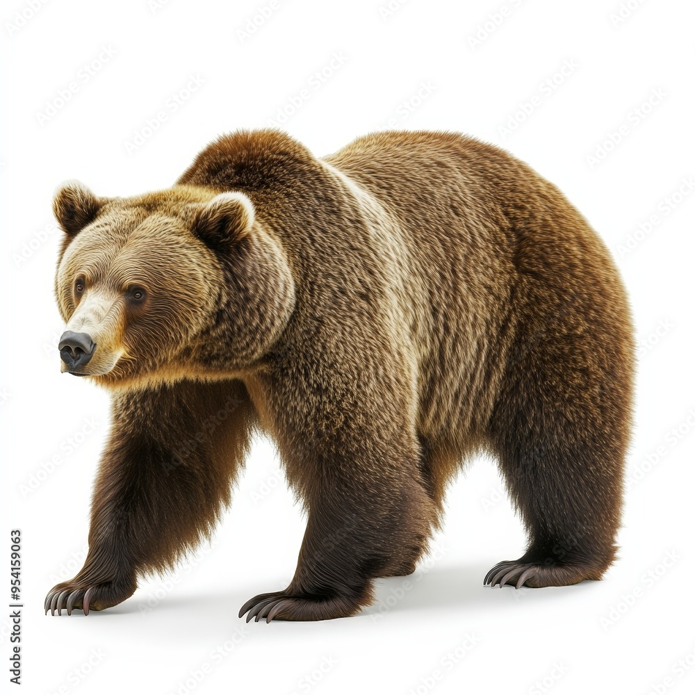 Fototapeta premium A large brown bear is walking across a white background