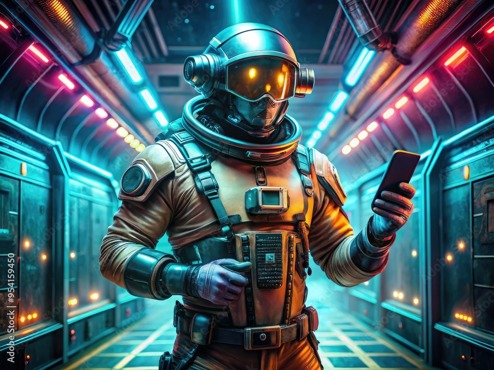 Retro-futuristic mining suit, smartphone attached to wrist, neon lights, high-tech gadgetry, futuristic atmosphere, heroic pose. Retro-futuristic mining suit, smartphone attached to wrist, neon lights, high-tech gadgetry, futuristic atmosphere, heroic pose.