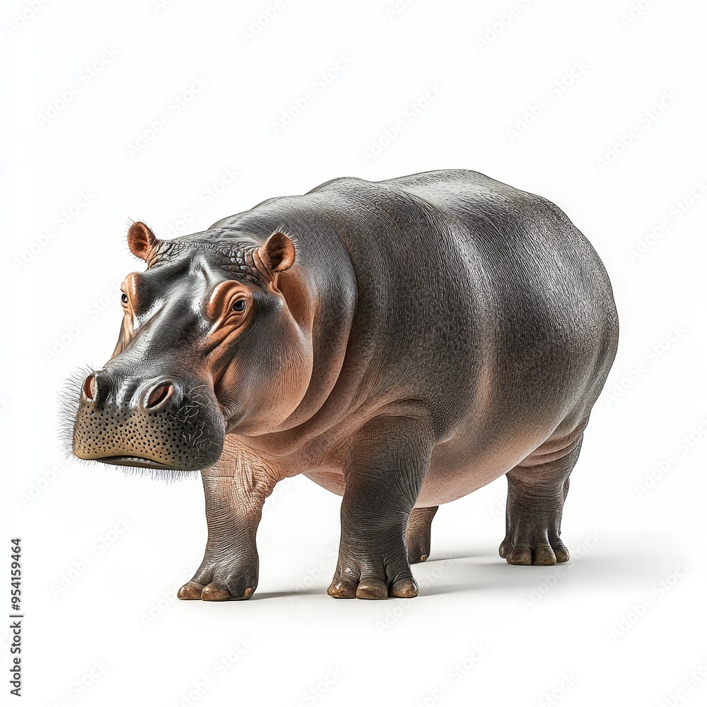 Fototapeta premium A large black and white hippo is standing on a white background
