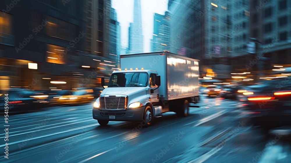 Truck speeding through city street Truck speeding through city street