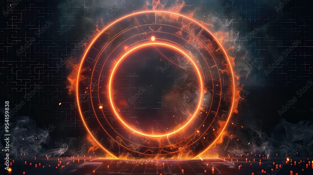 Obraz premium A glowing golden circle with smoke and lights behind it on a dark background.