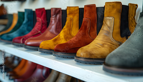 Closeup of stylish demi-season brown suede and leather women's boots on shelves in modern footwear store.  photo