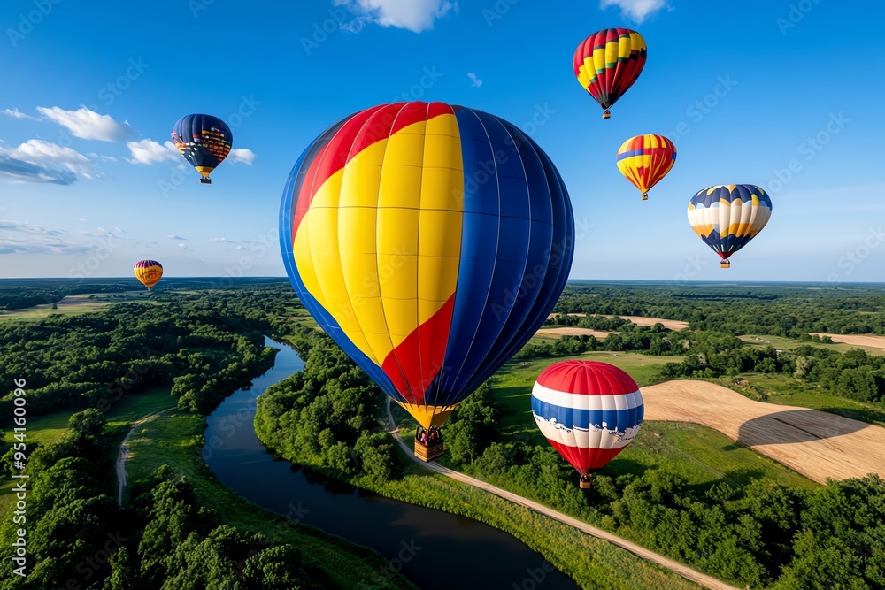 Fototapeta premium Balloon Hot Air Balloon, Colorful, and Skyward shown in a scenic landscape where a fleet of colorful hot air balloons soars into the morning sky, creating a breathtaking view