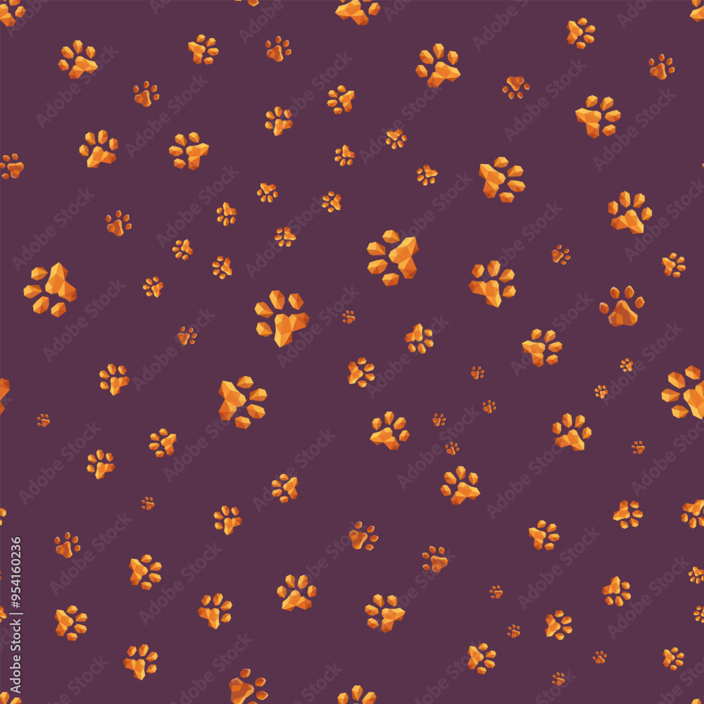 Vector seamless pattern of low poly paw prints on purple background. This pattern is ideal for creating textiles, wallpaper, packaging, or backgrounds for digital and printed materials. Vector seamless pattern of low poly paw prints on purple background. This pattern is ideal for creating textiles, wallpaper, packaging, or backgrounds for digital and printed materials.