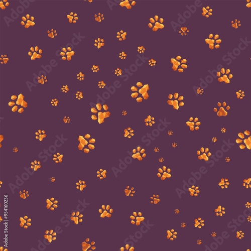 Vector seamless pattern of low poly paw prints on purple background. This pattern is ideal for creating textiles, wallpaper, packaging, or backgrounds for digital and printed materials.