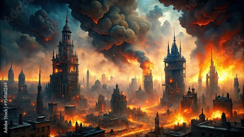 Burning Cityscape Satanic Hellish Realm Post-Apocalyptic photo