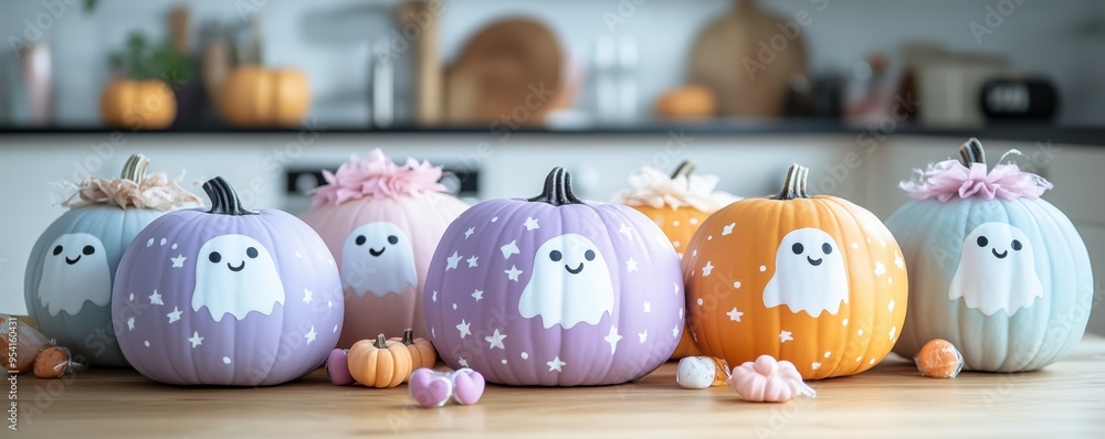 Obraz premium a pink, purple, orange, and white painted pumpkin with a ghost face, hearts, and stars drawn on it in pastel colors. fun Halloween themed party decorations