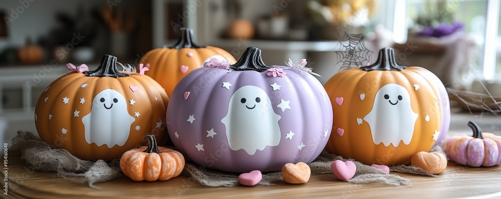 Obraz premium a pink, purple, orange, and white painted pumpkin with a ghost face, hearts, and stars drawn on it in pastel colors. fun Halloween themed party decorations