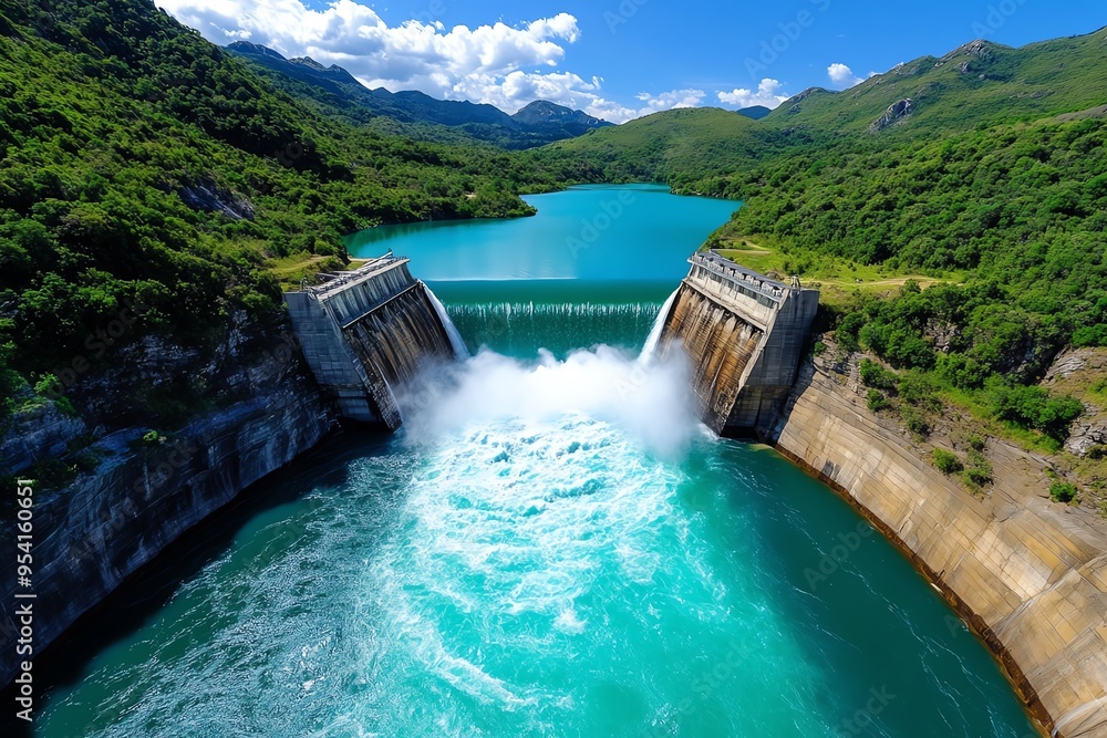 Clean energy and hydropower are showcased in a realistic photo of a dam ...