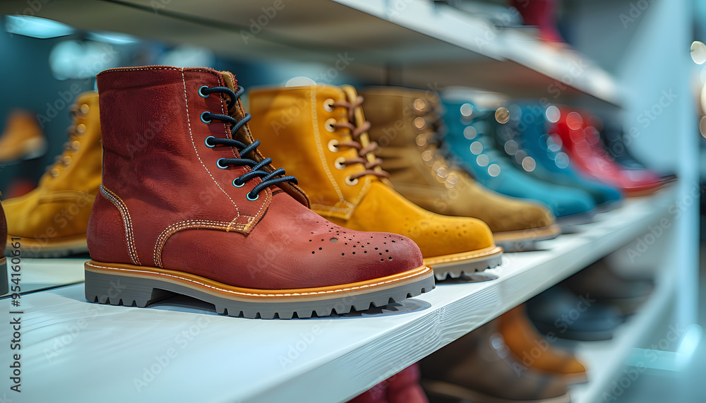 Closeup of stylish demi-season brown suede and leather women's boots on shelves in modern footwear store. Closeup of stylish demi-season brown suede and leather women's boots on shelves in modern footwear store.