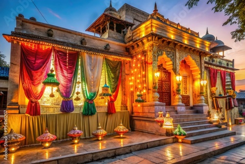 Golden hour illumination of ancient temple façade adorned with vibrant silk fabrics and lanterns during Diwali celebrations in serene rural setting exuding warmth