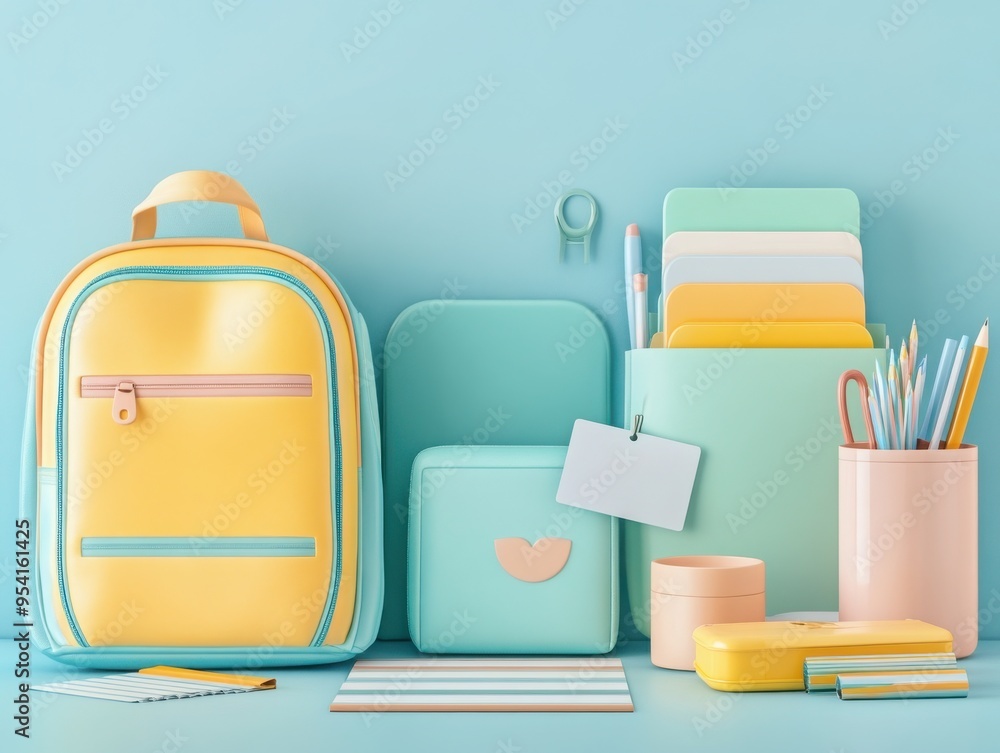 Vibrant stationery and backpack collection on a pastel background, perfect for students and creative projects.