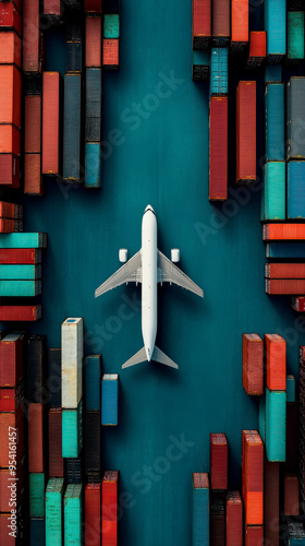 Aerial view of a cargo plane flying over colorful shipping containers in vibrant blue water, symbolizing global trade and logistics. photo