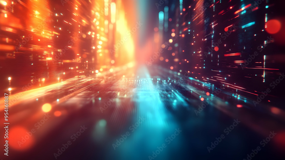 Abstract digital corridor with glowing lines and bokeh lights. Abstract digital corridor with glowing lines and bokeh lights.