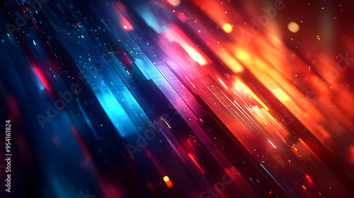 Abstract digital background with glowing red, blue, and orange streaks.