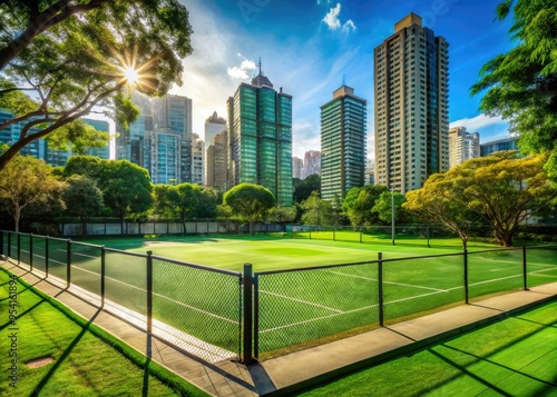 vibrant green tennis court park oasis amidst urban jungle cityscape concrete highrises loom beyond chainlink fence dynamic shadows energetic atmosphere photo