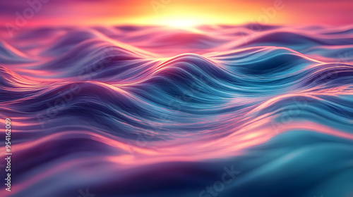 Abstract digital rendering of colorful ocean waves under a pink and orange sunset.