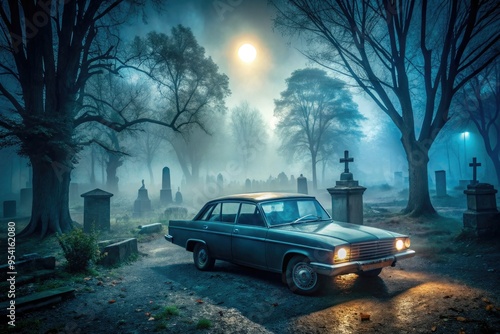 moody atmospheric robber's getaway car abandoned in eerie abandoned graveyard on foggy night with dim moonlight casting long shadows photo