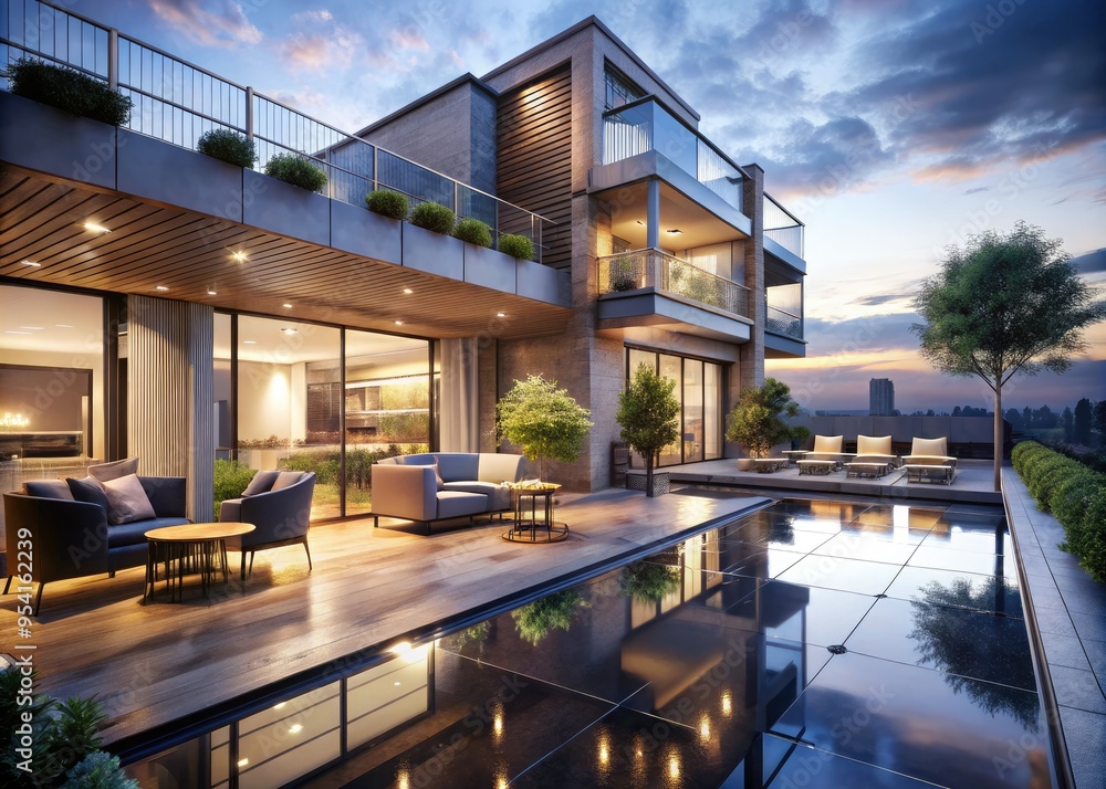 sophisticated evening scene of contemporary luxury townhouse with chic rooftop lounge and glittering city lights reflected in wet pavement sophisticated evening scene of contemporary luxury townhouse with chic rooftop lounge and glittering city lights reflected in wet pavement