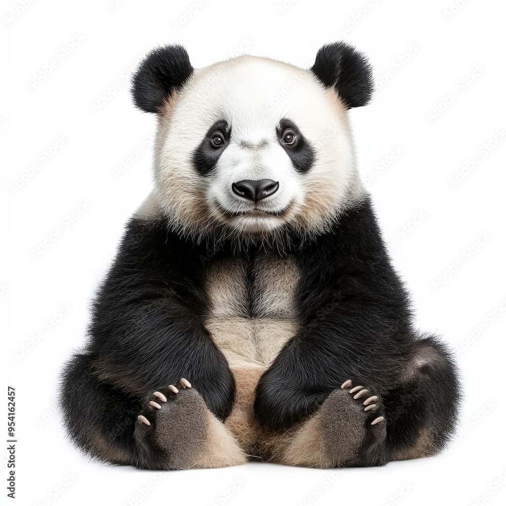 A baby panda bear is sitting on its back legs and looking at the camera A baby panda bear is sitting on its back legs and looking at the camera