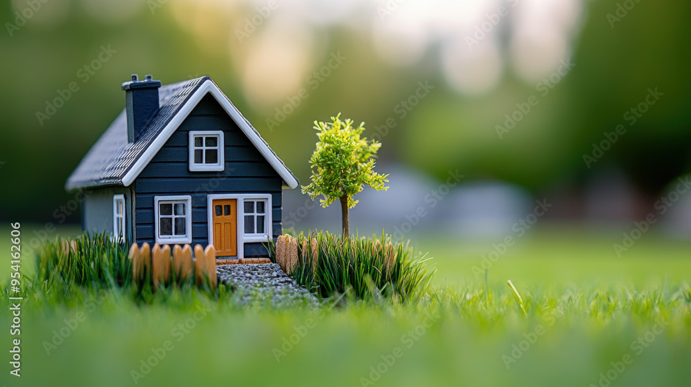 A small, detailed model house with a picket fence, sitting on lush grass with a softly blurred background, representing home and real estate. A small, detailed model house with a picket fence, sitting on lush grass with a softly blurred background, representing home and real estate.
