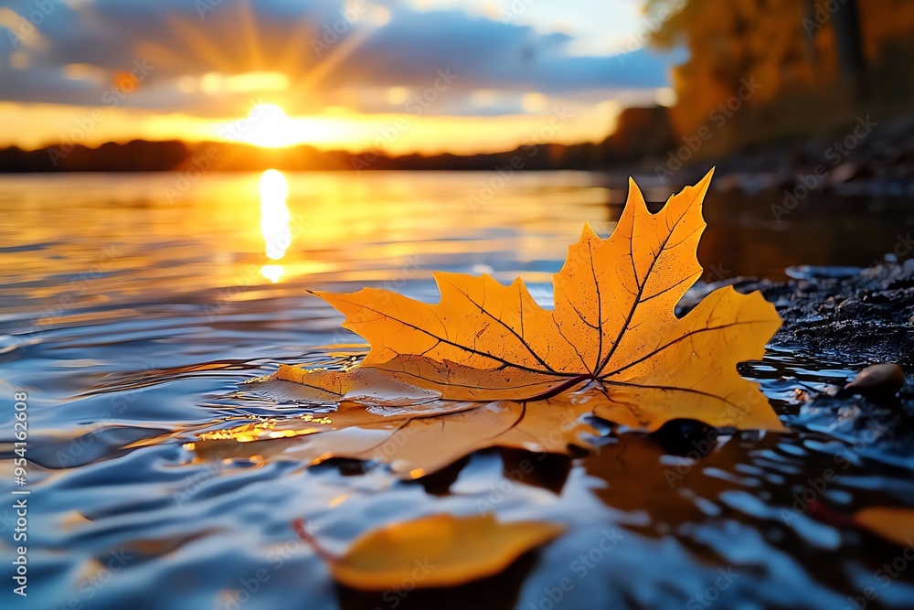 Enchanting Autumn Serene, Lakeside, and Golden Light shown in a serene lakeside setting where the golden light of the setting sun reflects off the water, with autumn leaves gently floating on Enchanting Autumn Serene, Lakeside, and Golden Light shown in a serene lakeside setting where the golden light of the setting sun reflects off the water, with autumn leaves gently floating on