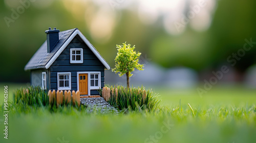 A small, detailed model house with a picket fence, sitting on lush grass with a softly blurred background, representing home and real estate.