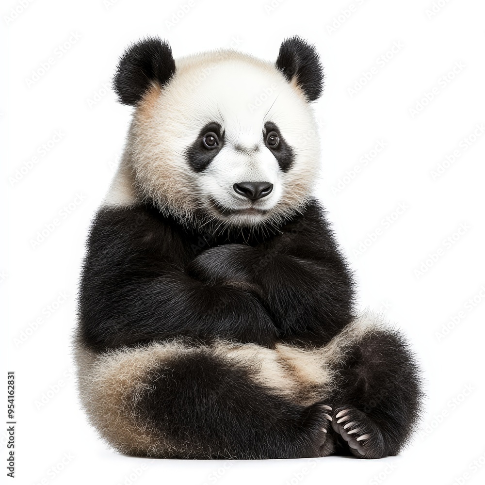 A baby panda is sitting on its back legs and looking at the camera A baby panda is sitting on its back legs and looking at the camera
