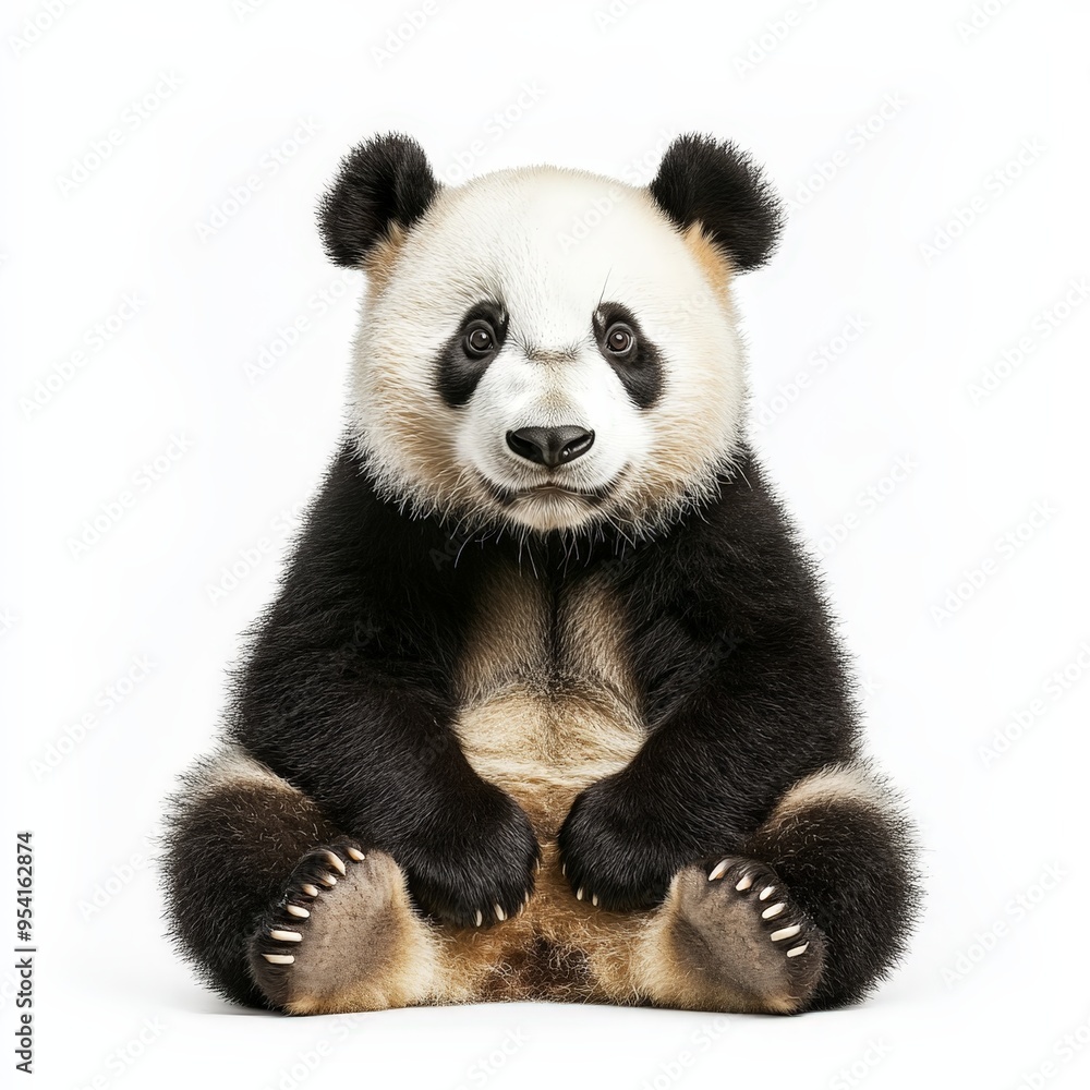 A baby panda bear is sitting on its hind legs and looking at the camera A baby panda bear is sitting on its hind legs and looking at the camera
