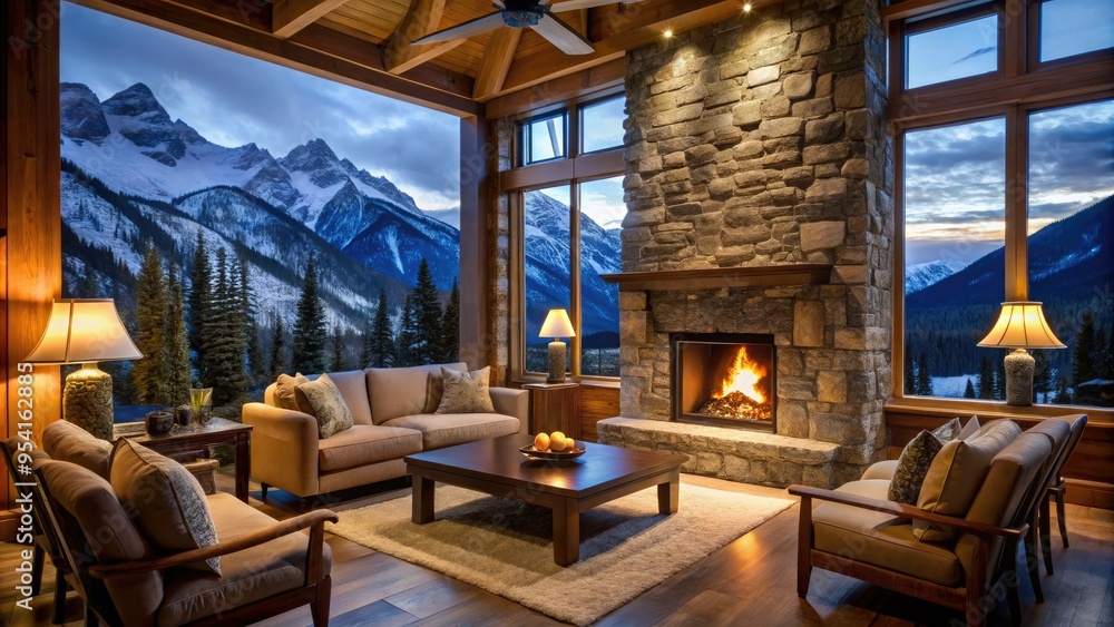 intimate and cozy nighttime interior of upscale modern mountain lodge with rustic stone fireplace and snow-capped peaks glowing outside floor-to-ceiling windows intimate and cozy nighttime interior of upscale modern mountain lodge with rustic stone fireplace and snow-capped peaks glowing outside floor-to-ceiling windows