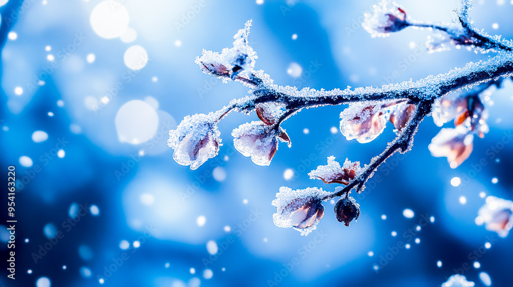 Snow-covered branches with blooming flowers in a tranquil winter landscape Snow-covered branches with blooming flowers in a tranquil winter landscape