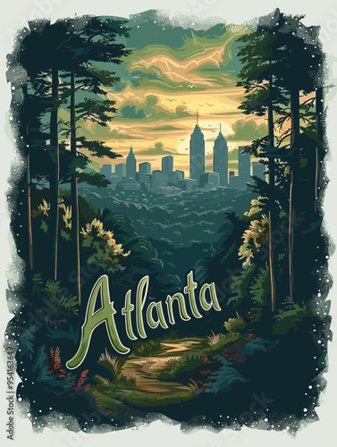 Atlanta (Georgia ) city, USA. Touristic Greeting Card, travel poster from Atlanta. Art Vector Illustration