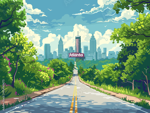 Atlanta (Georgia ) city, USA. Touristic Greeting Card, travel poster from Atlanta. Art Vector Illustration