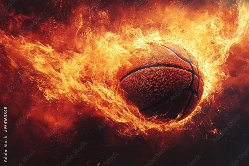 Basketball engulfed in flames with a fiery background Basketball engulfed in flames with a fiery background
