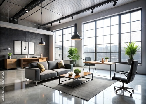 Minimalist chic studio features sleek black and white furniture, industrial concrete floors, and floor-to-ceiling