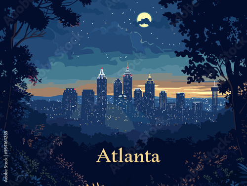 Atlanta (Georgia ) city, USA. Touristic Greeting Card, travel poster from Atlanta. Art Vector Illustration