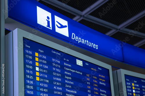 Flight Departures information board at Airport in Germany, scoreboard, concept delay, flight cancellation, travel information