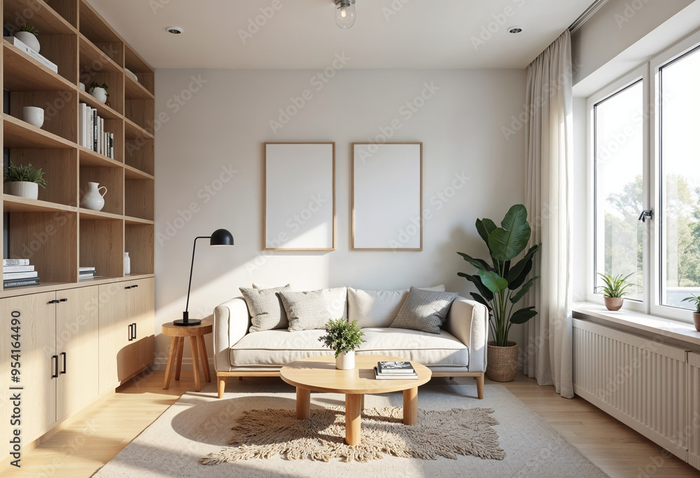 Modern Flat Minimalist Living Room Interior with Blank Frame Mock-up Modern Flat Minimalist Living Room Interior with Blank Frame Mock-up