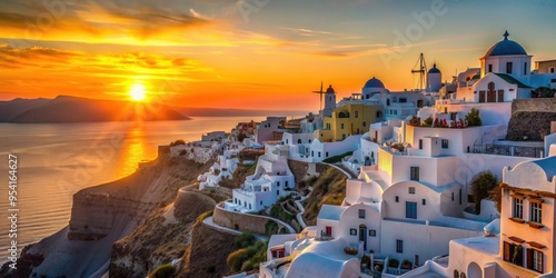 Vibrant Santorini sunset casting shadows over the iconic white buildings, Greece, Mediterranean, travel, destination