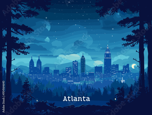 Atlanta (Georgia ) city, USA. Touristic Greeting Card, travel poster from Atlanta. Art Vector Illustration