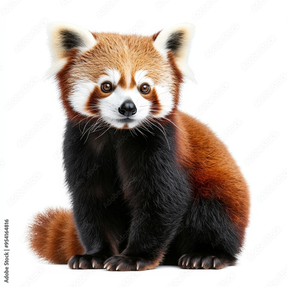 Fototapeta premium A baby red panda is sitting on a white background
