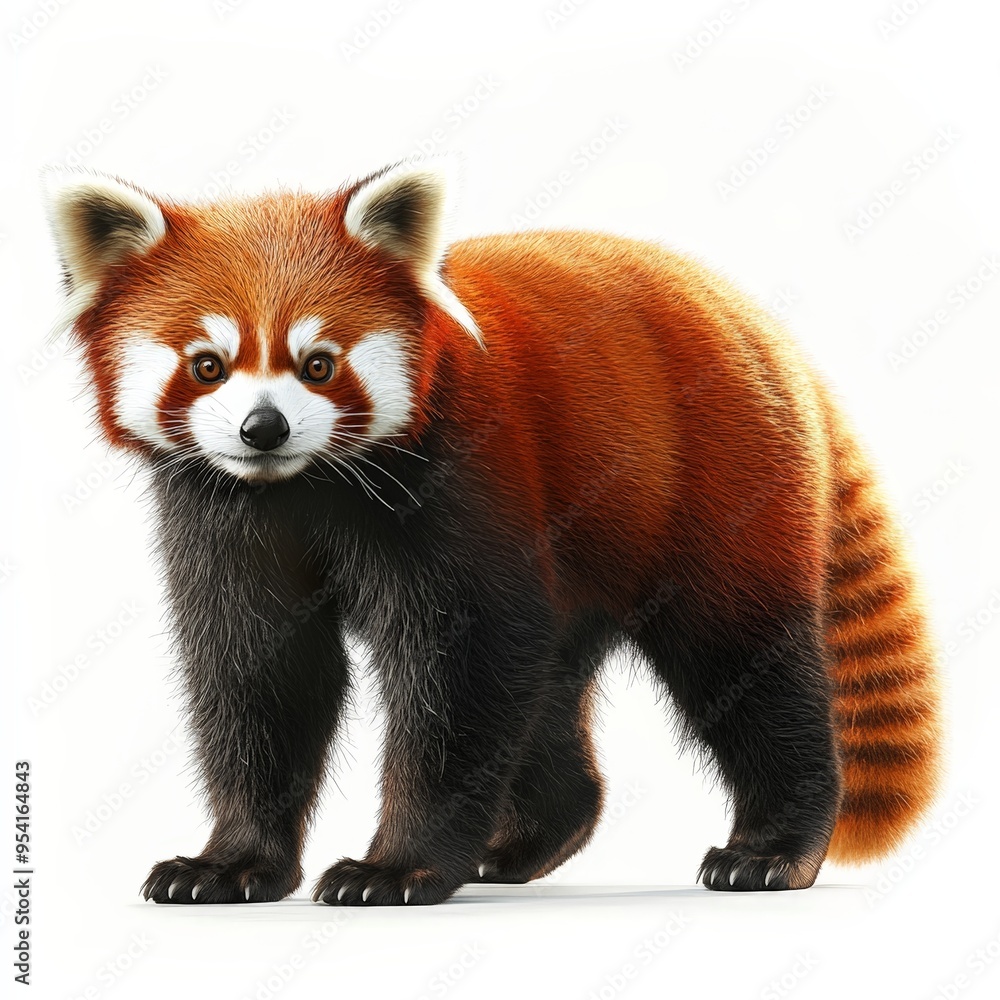 Obraz premium A cute little red and white panda bear standing on a white background
