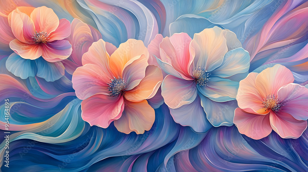 Abstract painting of pink and blue flowers with swirling background. Abstract painting of pink and blue flowers with swirling background.