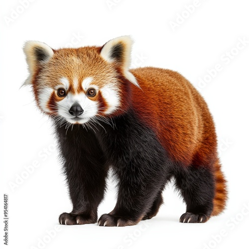 A young red panda bear stands on a white background