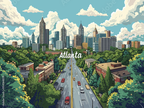 Atlanta (Georgia ) city, USA. Touristic Greeting Card, travel poster from Atlanta. Art Vector Illustration