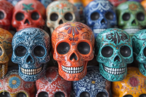Colorful skulls for the Day of the Dead celebration, arranged in an intricate pattern. Mexican culture and heritage concept.