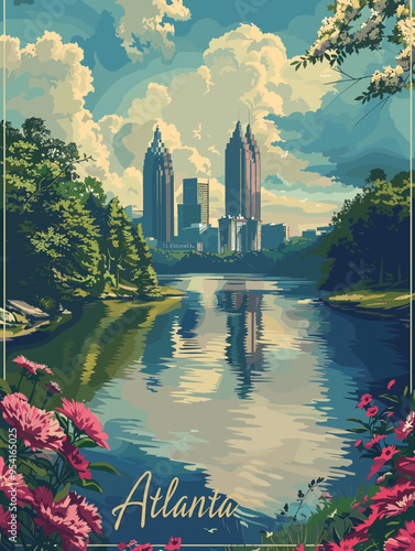 Atlanta (Georgia ) city, USA. Touristic Greeting Card, travel poster from Atlanta. Art Vector Illustration